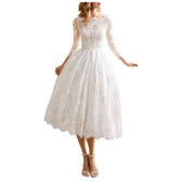 Long Sleeved Backless Slim Fitting White Lace Midi Dress 3