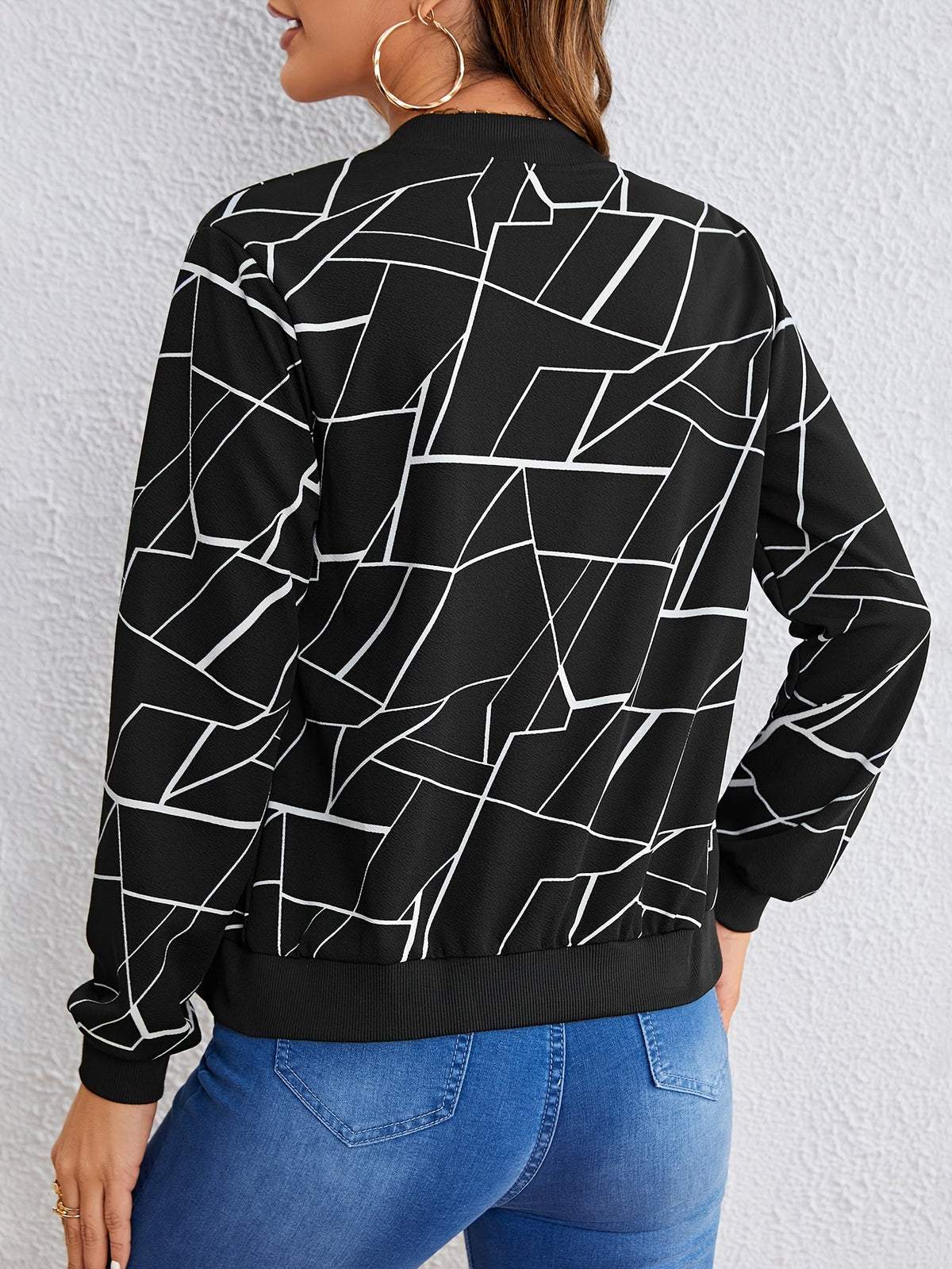 Geometric Line Print Zip Front Bomber Jacket