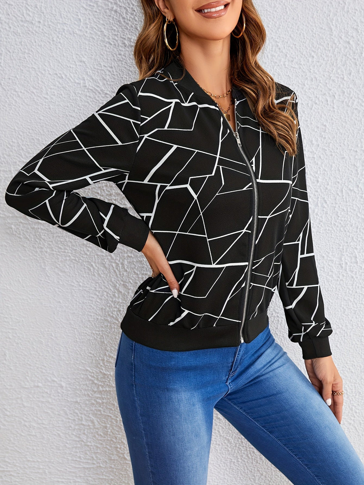 Geometric Line Print Zip Front Bomber Jacket