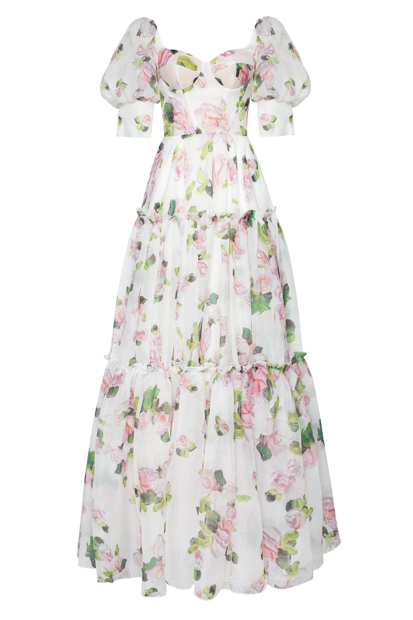Floral Off Shoulder Puff Sleeve Tiered Maxi Gown 2
