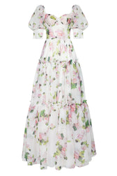 Floral Off Shoulder Puff Sleeve Tiered Maxi Gown 2