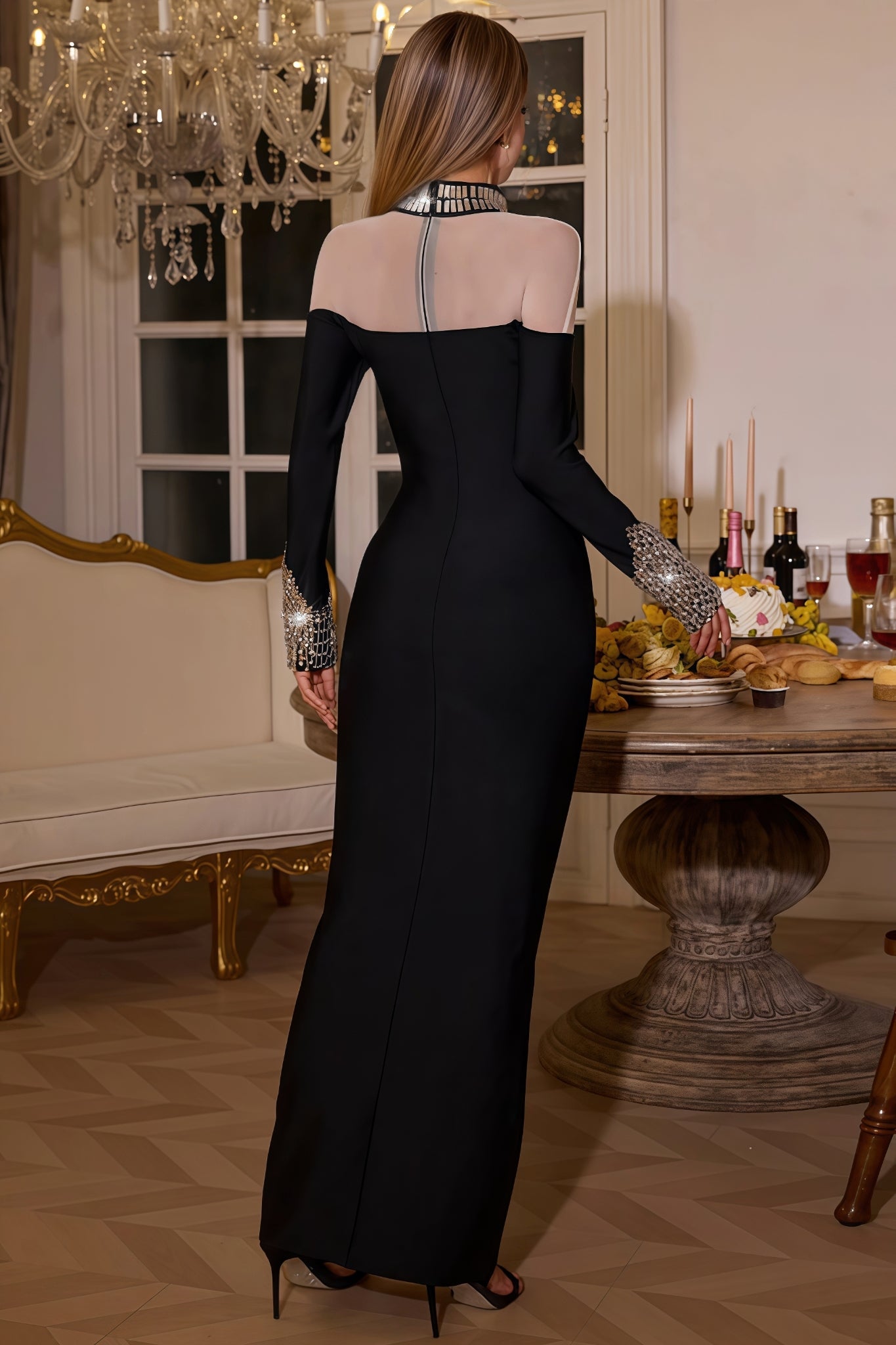 Urythos Long Sleeve Rhinestone Bandage Maxi Dress - View 6