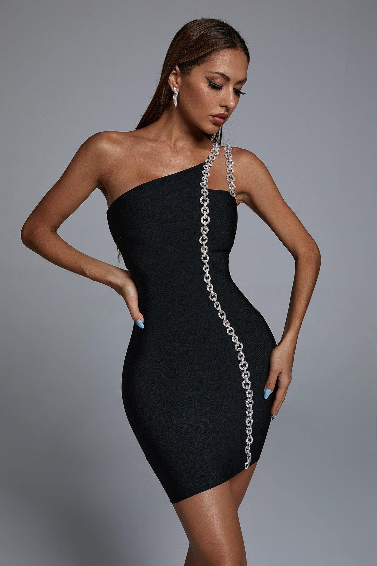 One Shoulder Chain Strap Trim Bandage Bodycon Mini Dress 2