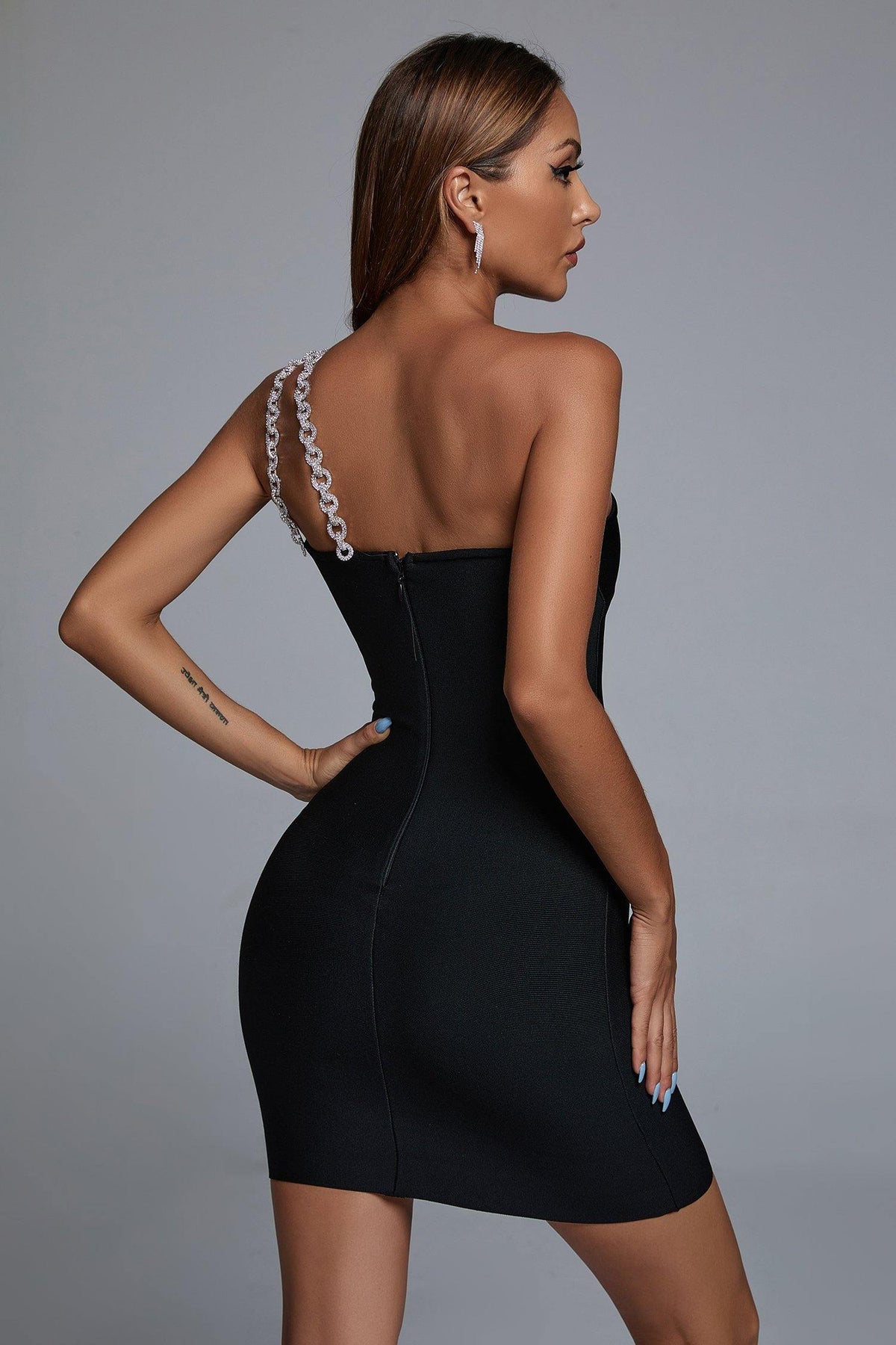One Shoulder Chain Strap Trim Bandage Bodycon Mini Dress 5