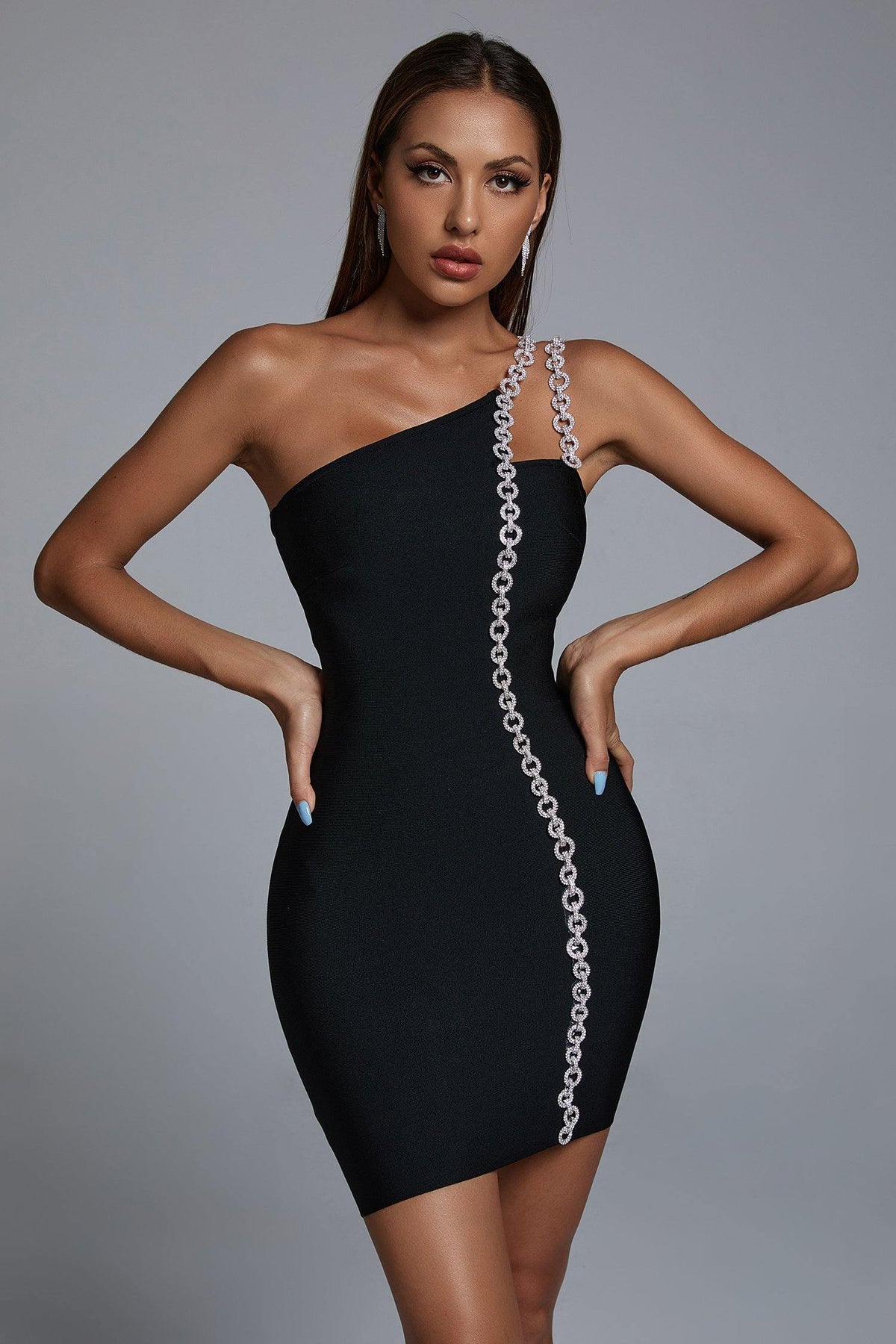 One Shoulder Chain Strap Trim Bandage Bodycon Mini Dress