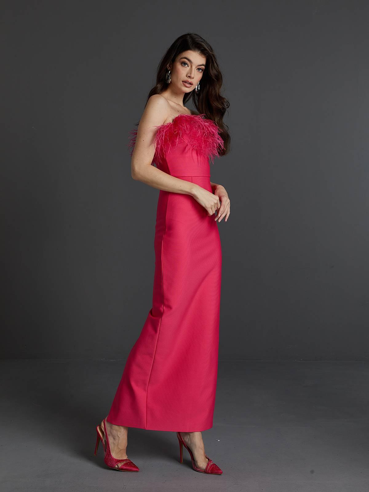 Mina Strapless Feather Trimmed Bandage Dress In Hot Pink 5