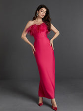 Mina Strapless Feather Trimmed Bandage Dress In Hot Pink 2