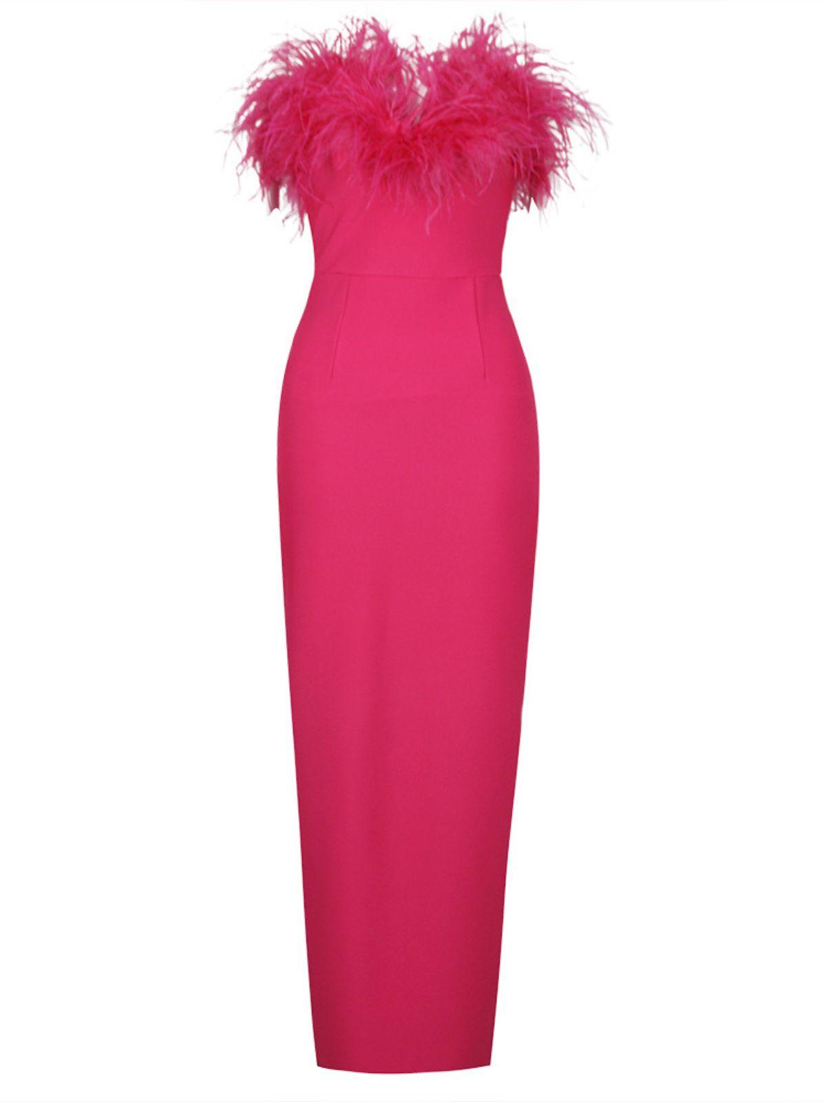 Mina Strapless Feather Trimmed Bandage Dress In Hot Pink 7