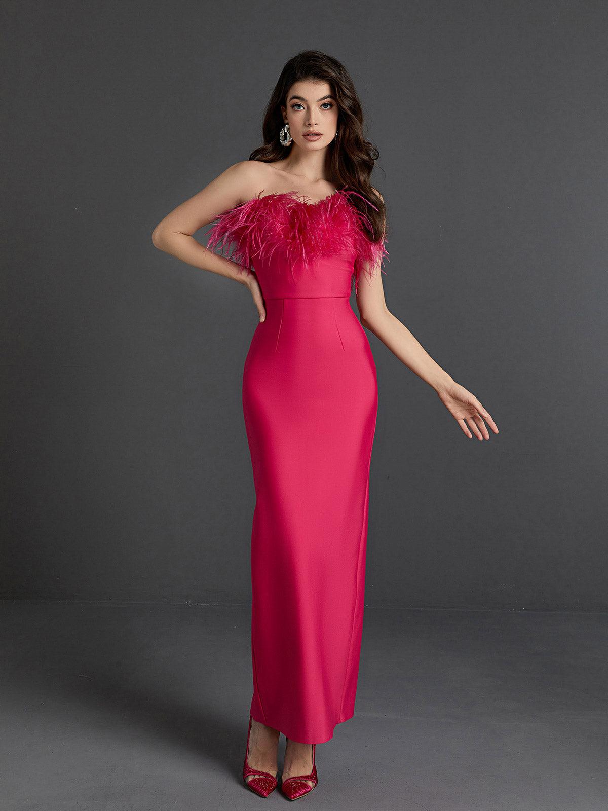 Mina Strapless Feather Trimmed Bandage Dress In Hot Pink 3