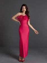 Mina Strapless Feather Trimmed Bandage Dress In Hot Pink 3