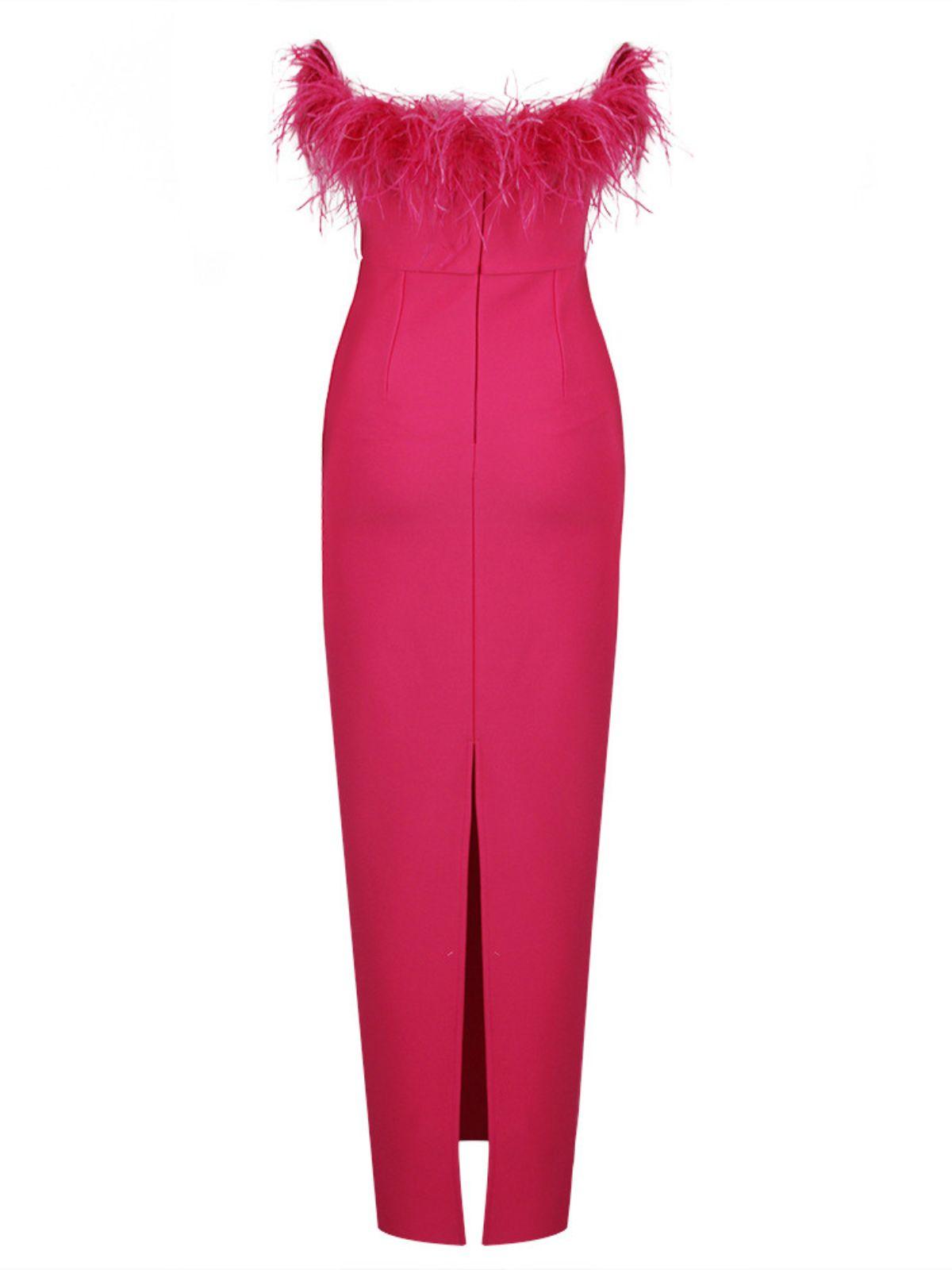 Mina Strapless Feather Trimmed Bandage Dress In Hot Pink 8