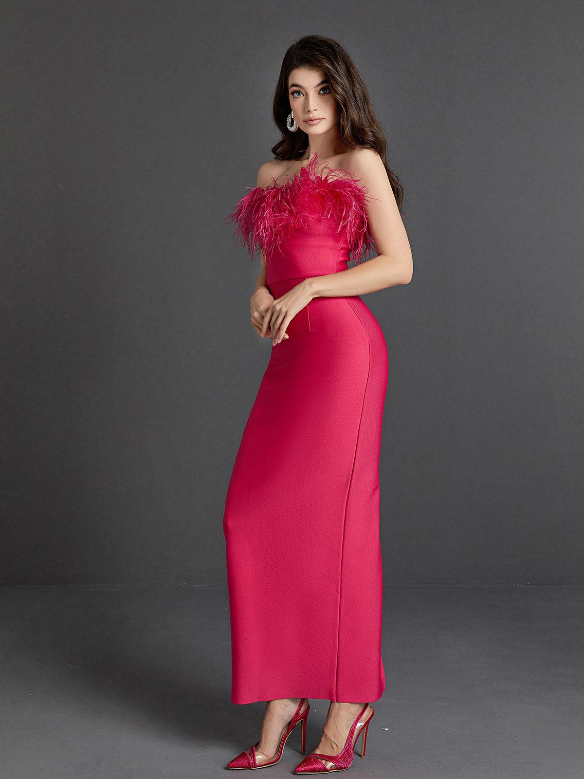 Mina Strapless Feather Trimmed Bandage Dress In Hot Pink 4