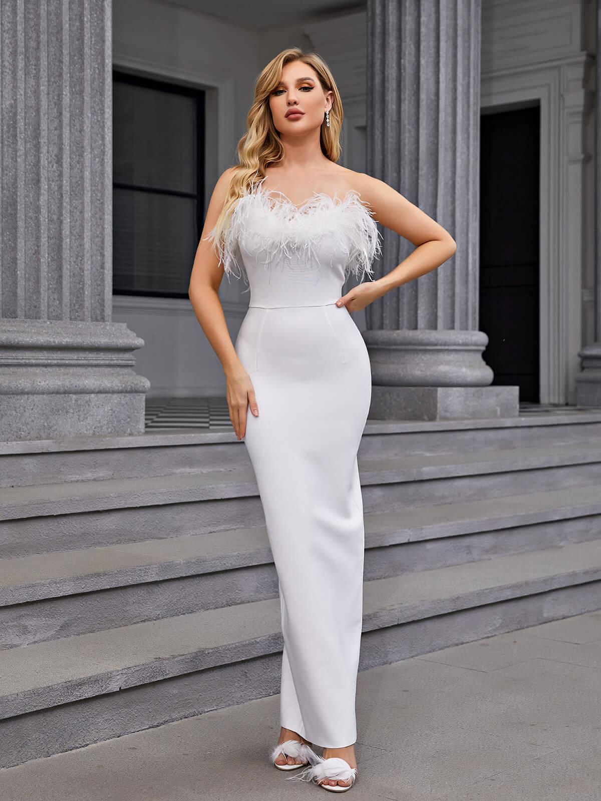 Mina Strapless Feather Trimmed Bandage Dress In White 2