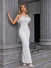 Mina Strapless Feather Trimmed Bandage Dress In White