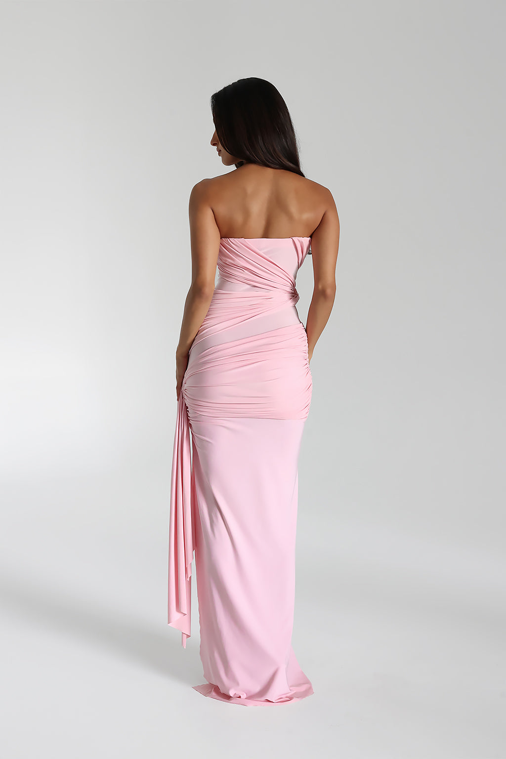 Strapless Ruched Knot Bodice Side Slit Draped Sash Maxi Gown