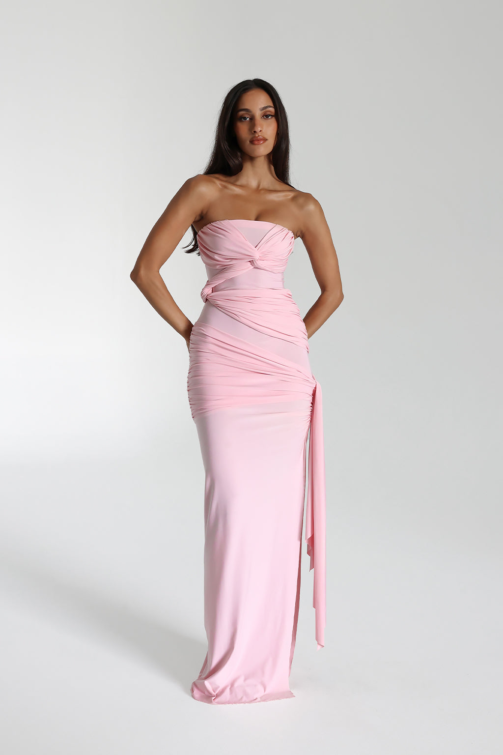 Strapless Ruched Knot Bodice Side Slit Draped Sash Maxi Gown