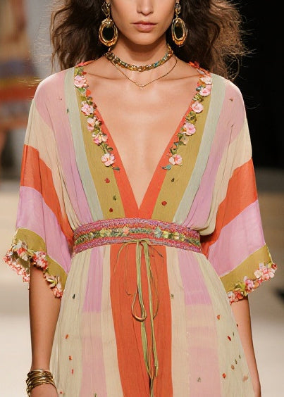 Floral Embroidery Striped Deep V-Neck Flutter Sleeve Empire Waist High Low Chiffon Dress