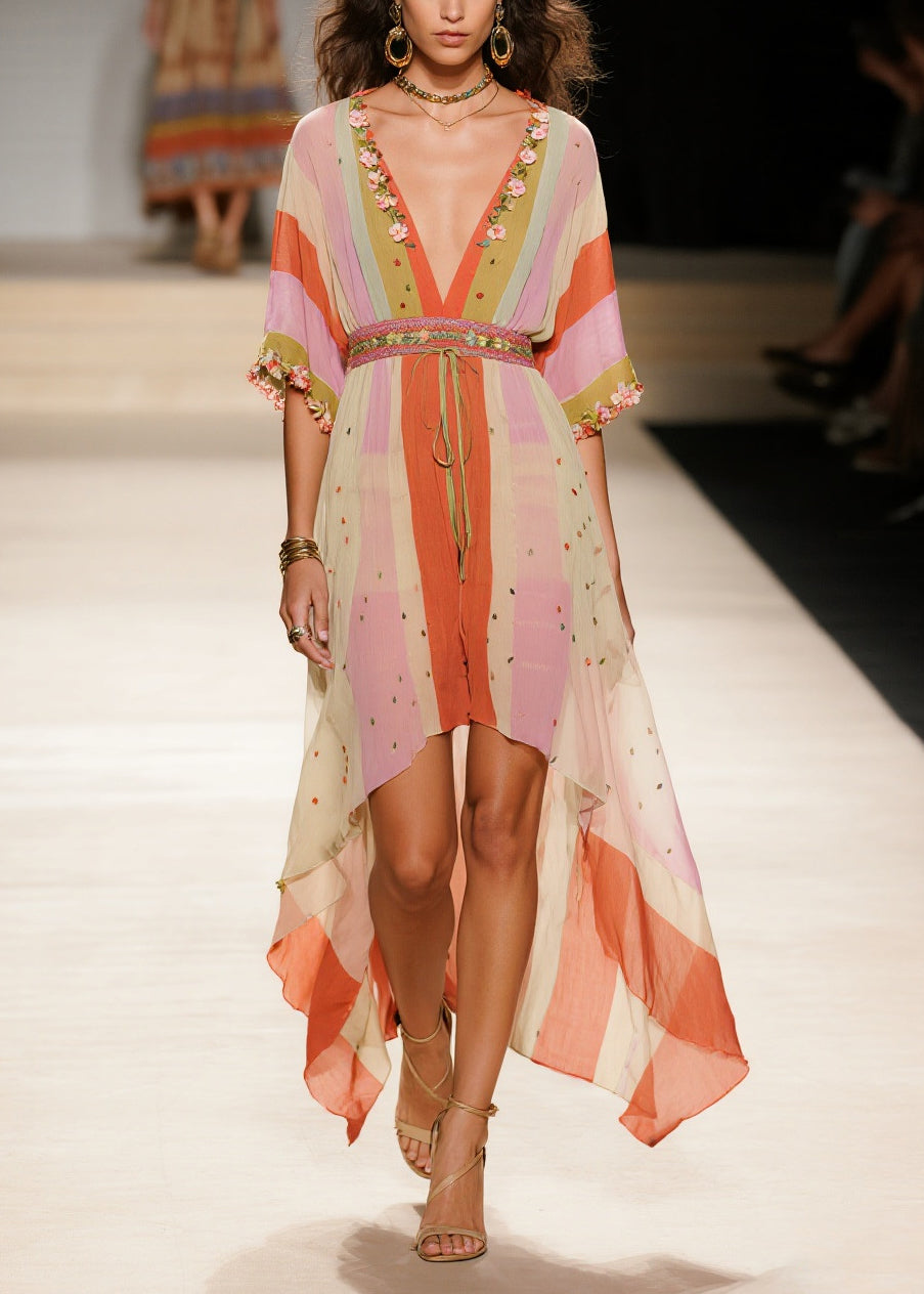 Floral Embroidery Striped Deep V-Neck Flutter Sleeve Empire Waist High Low Chiffon Dress
