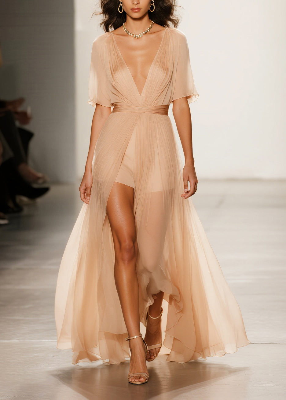 Deep V-Neck Pleated Flutter Sleeve Romper Sheer Overlay High Split Maxi Gown