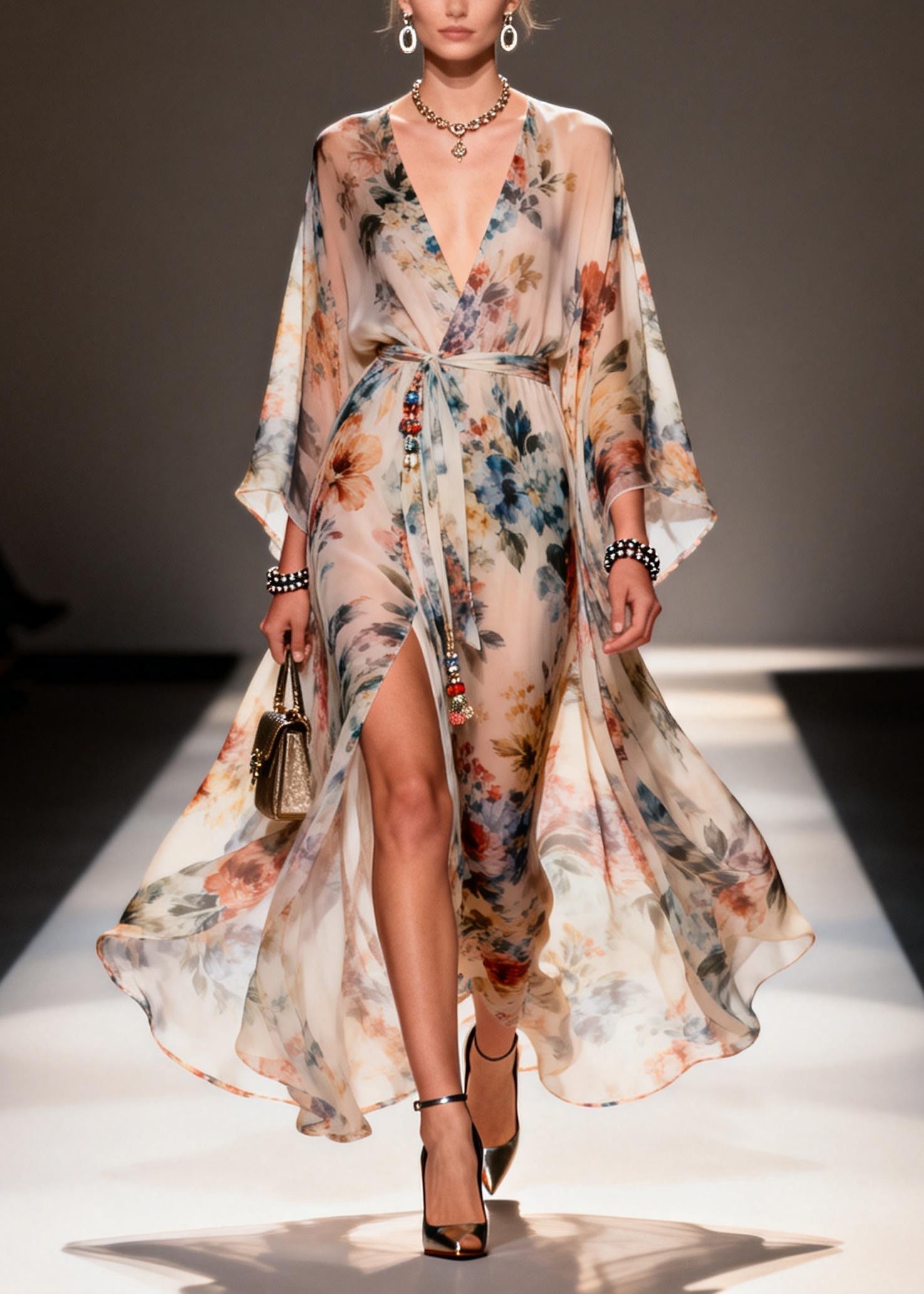 Floral Print Chiffon Wrap Deep V-Neck Kimono Sleeve Beaded Tie High Split Maxi Gown