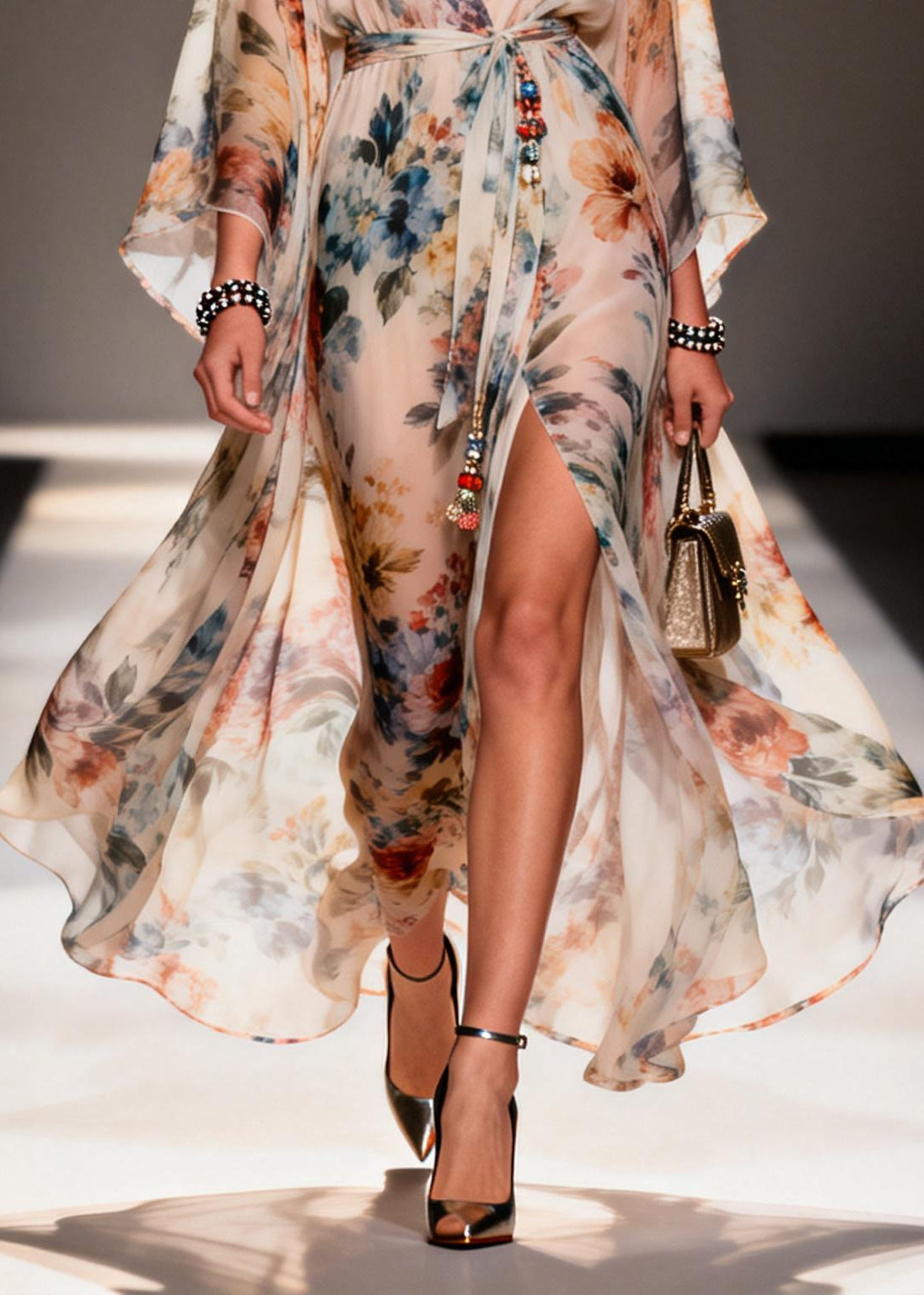 Floral Print Chiffon Wrap Deep V-Neck Kimono Sleeve Beaded Tie High Split Maxi Gown