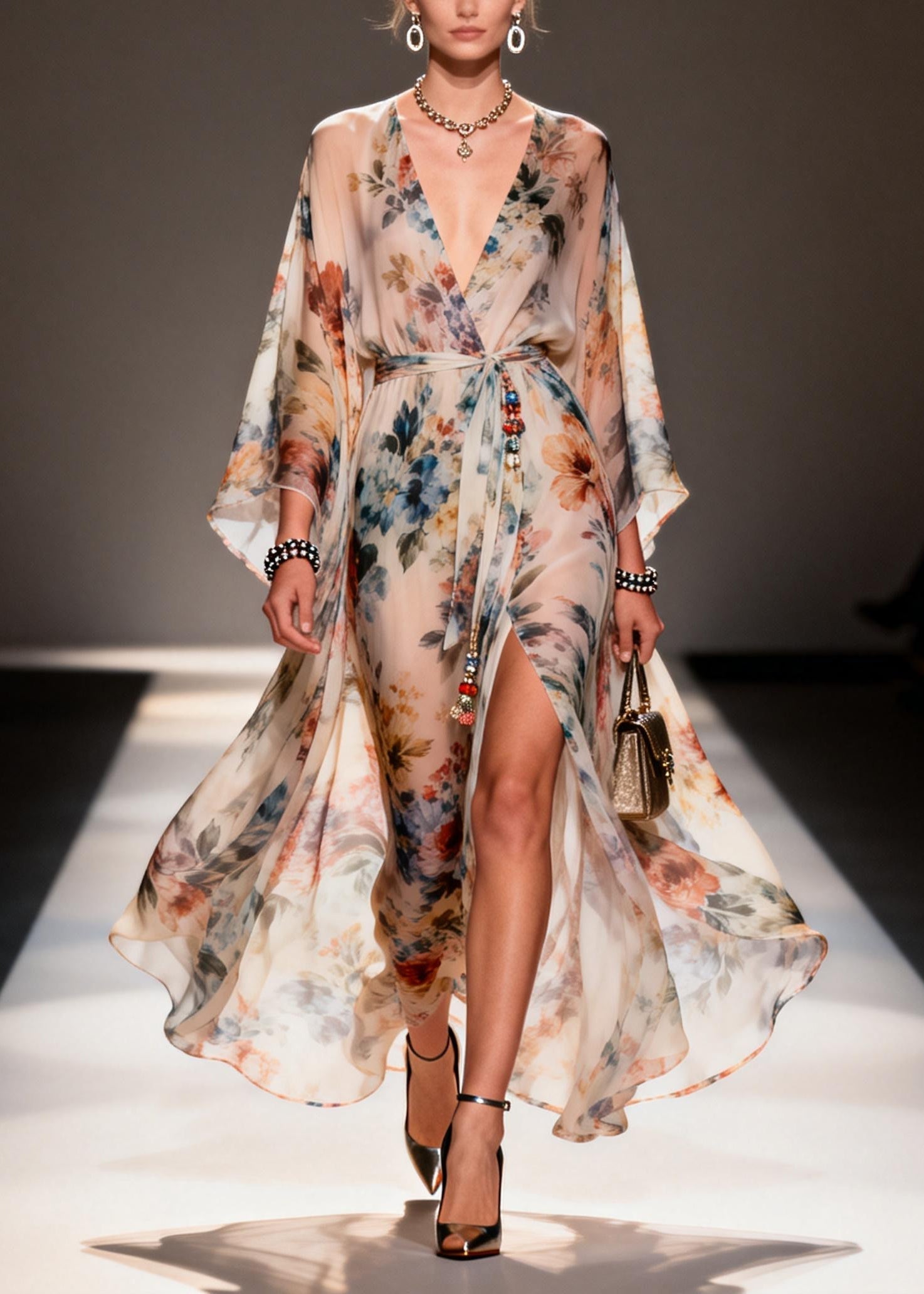 Floral Print Chiffon Wrap Deep V-Neck Kimono Sleeve Beaded Tie High Split Maxi Gown