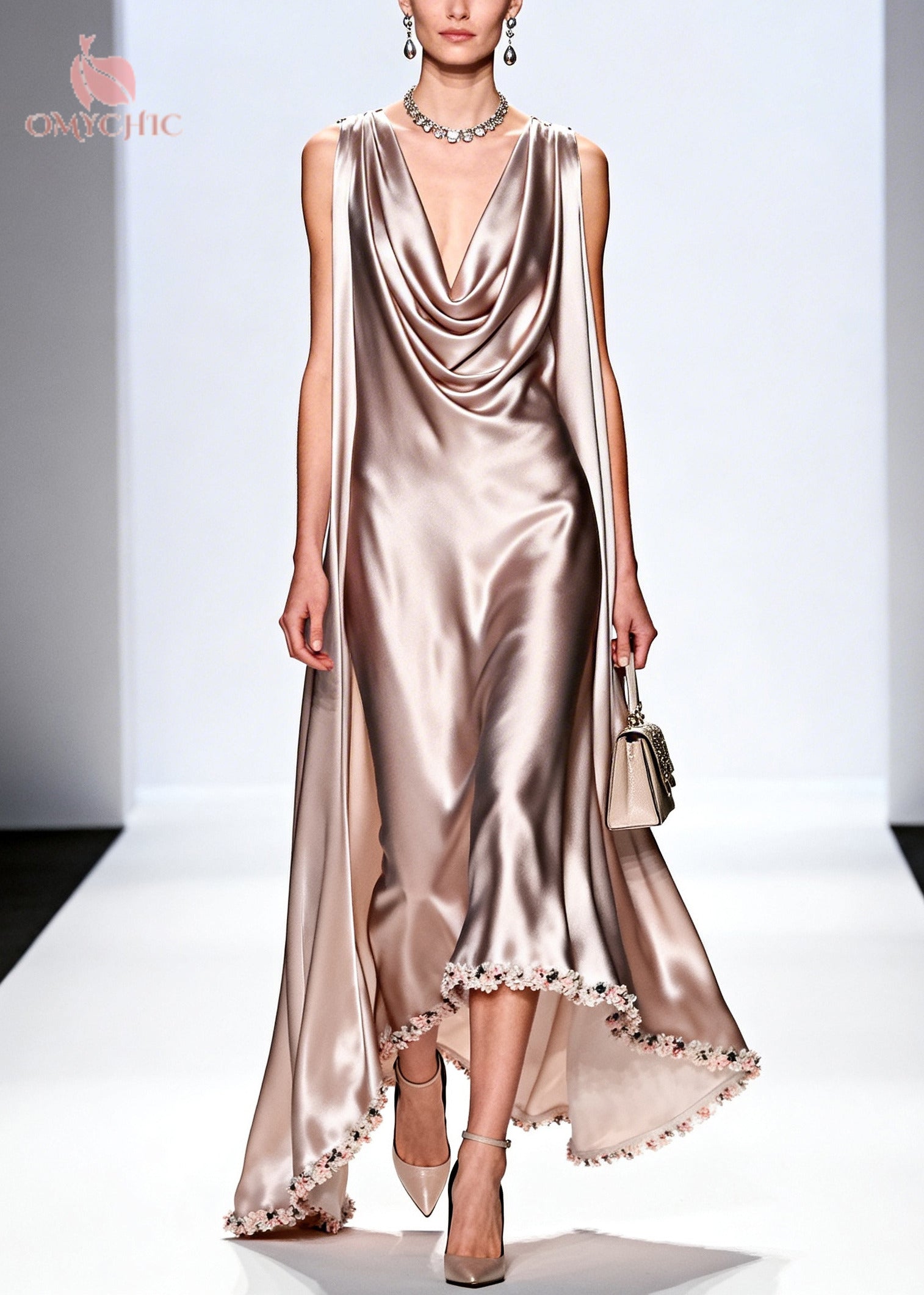 Satin Cowl Neck Cape Panel Floral Applique High Low Hem Maxi Gown