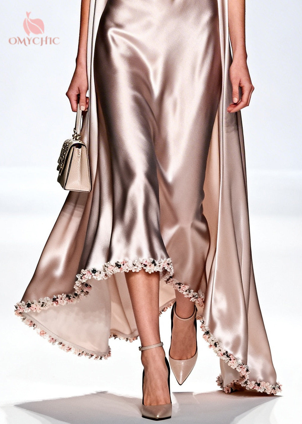 Satin Cowl Neck Cape Panel Floral Applique High Low Hem Maxi Gown