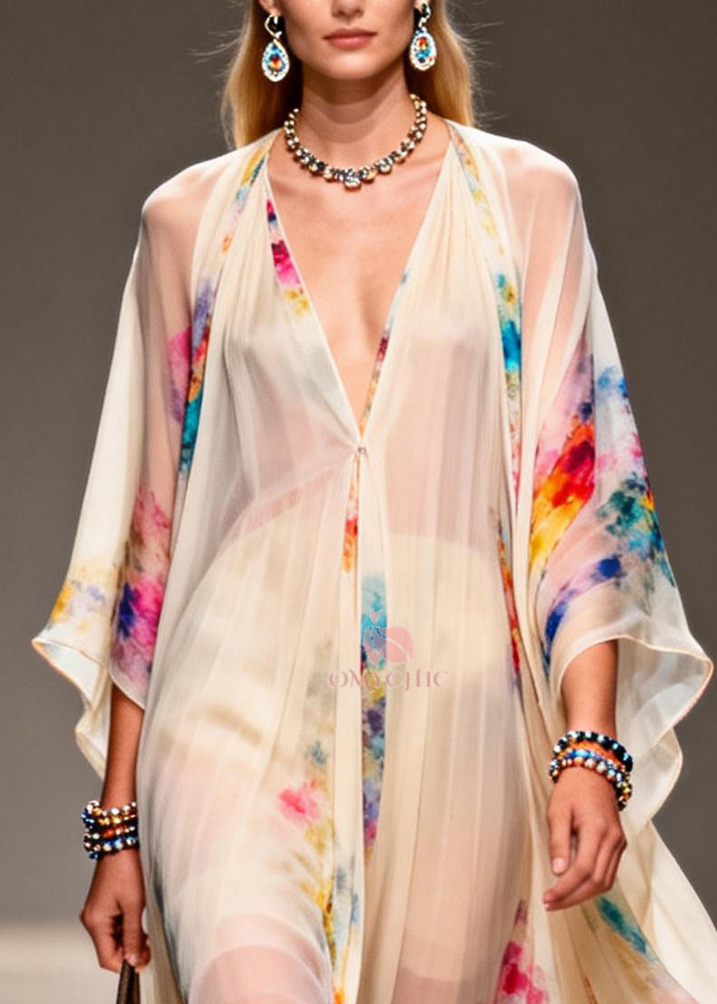Deep V-Neck Kimono Sleeve Floral Print Chiffon Maxi Dress - View 2