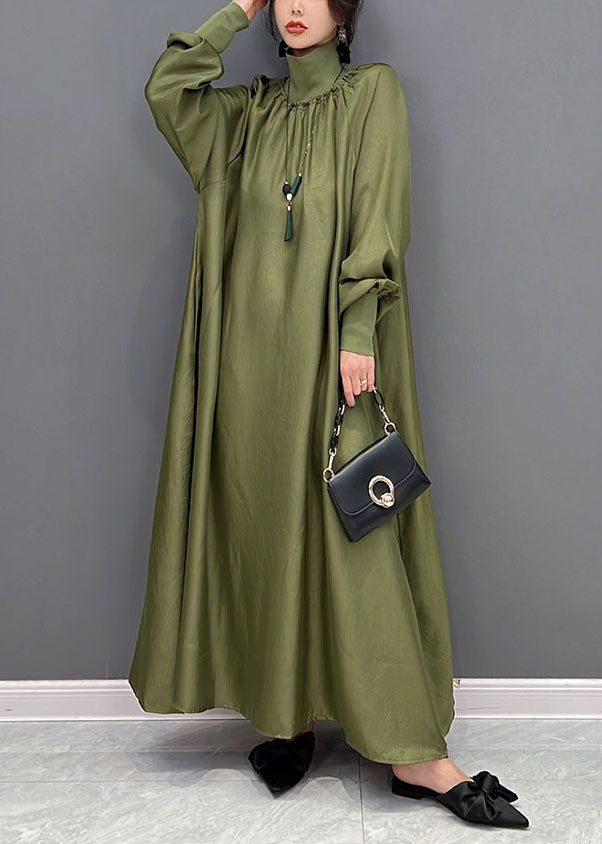 Satin Mock Neck Ruched Collar Puff Sleeve Pocket Oversized Tent Maxi Dress