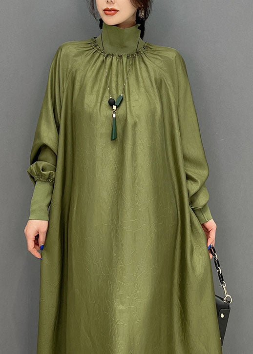 Satin Mock Neck Ruched Collar Puff Sleeve Pocket Oversized Tent Maxi Dress