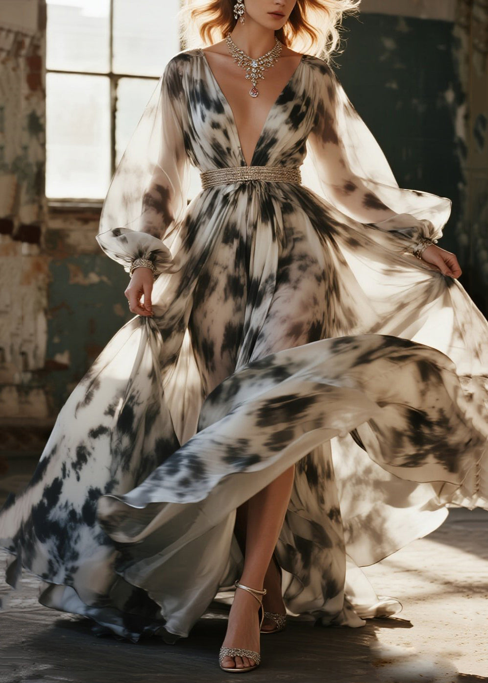 Marble Print Deep V-Neck Bishop Sleeve Beaded Waist Maxi Gown