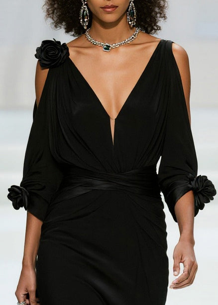 Deep V-Neck Cold Shoulder Rosette Cuff Draped Wrap Waist Train Gown