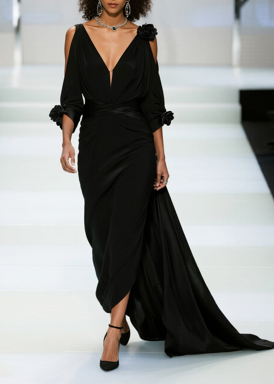 Deep V-Neck Cold Shoulder Rosette Cuff Draped Wrap Waist Train Gown