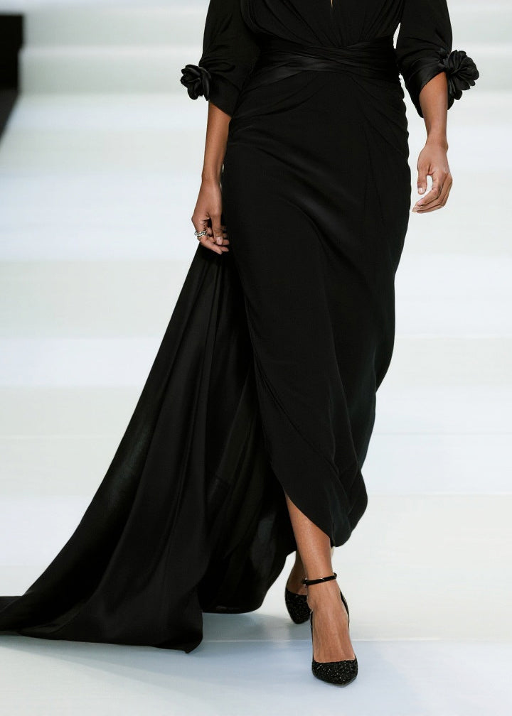 Deep V-Neck Cold Shoulder Rosette Cuff Draped Wrap Waist Train Gown
