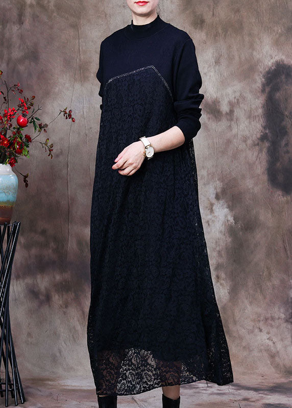 Mock Neck Long Sleeve Lace Overlay Diagonal Panel Patchwork Maxi Dress