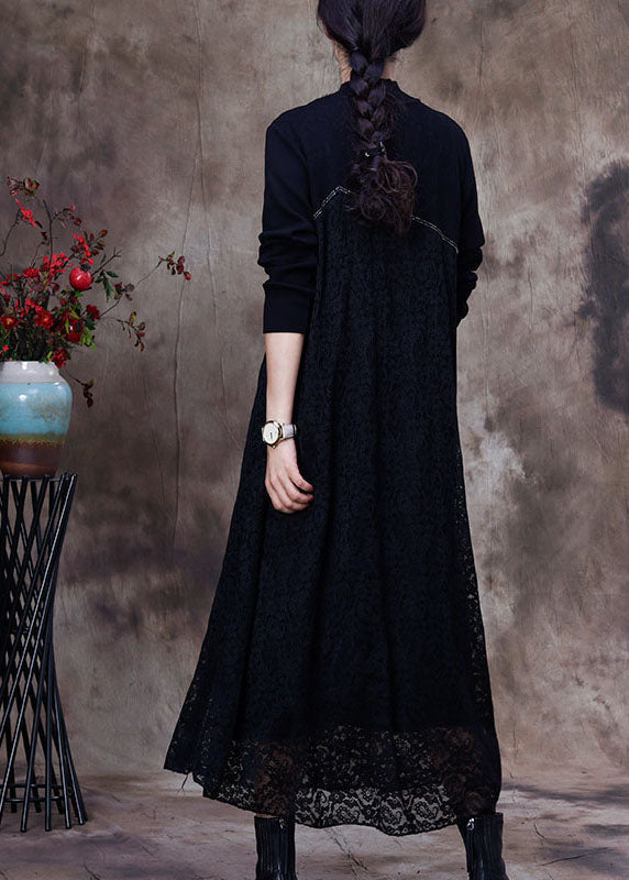 Mock Neck Long Sleeve Lace Overlay Diagonal Panel Patchwork Maxi Dress