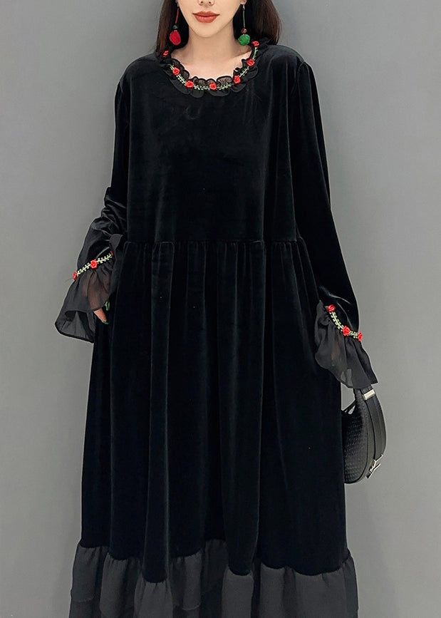 Velvet Long Sleeve Tiered Ruffle Hem A-Line Maxi Dress - View 5