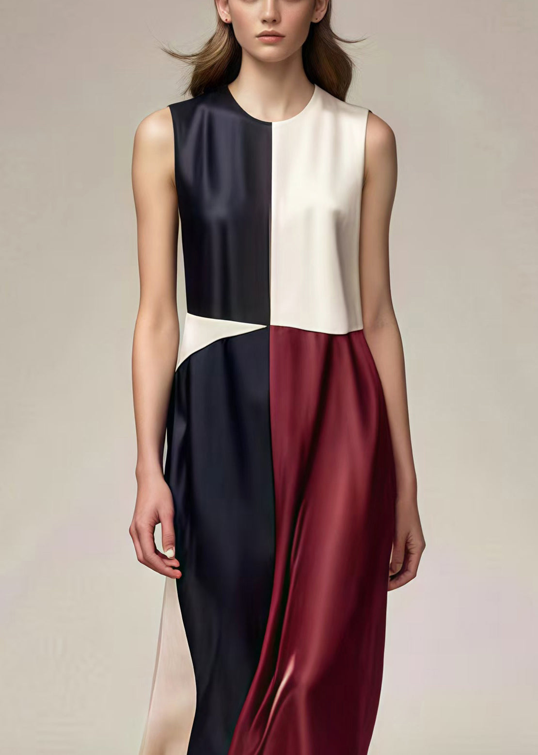 Round Neck Sleeveless Colorblock Satin Midi Dress