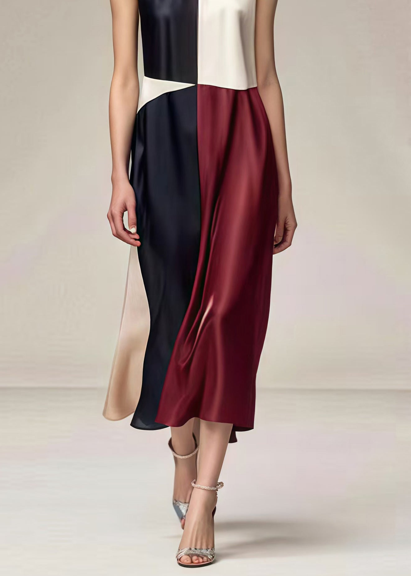 Round Neck Sleeveless Colorblock Satin Midi Dress