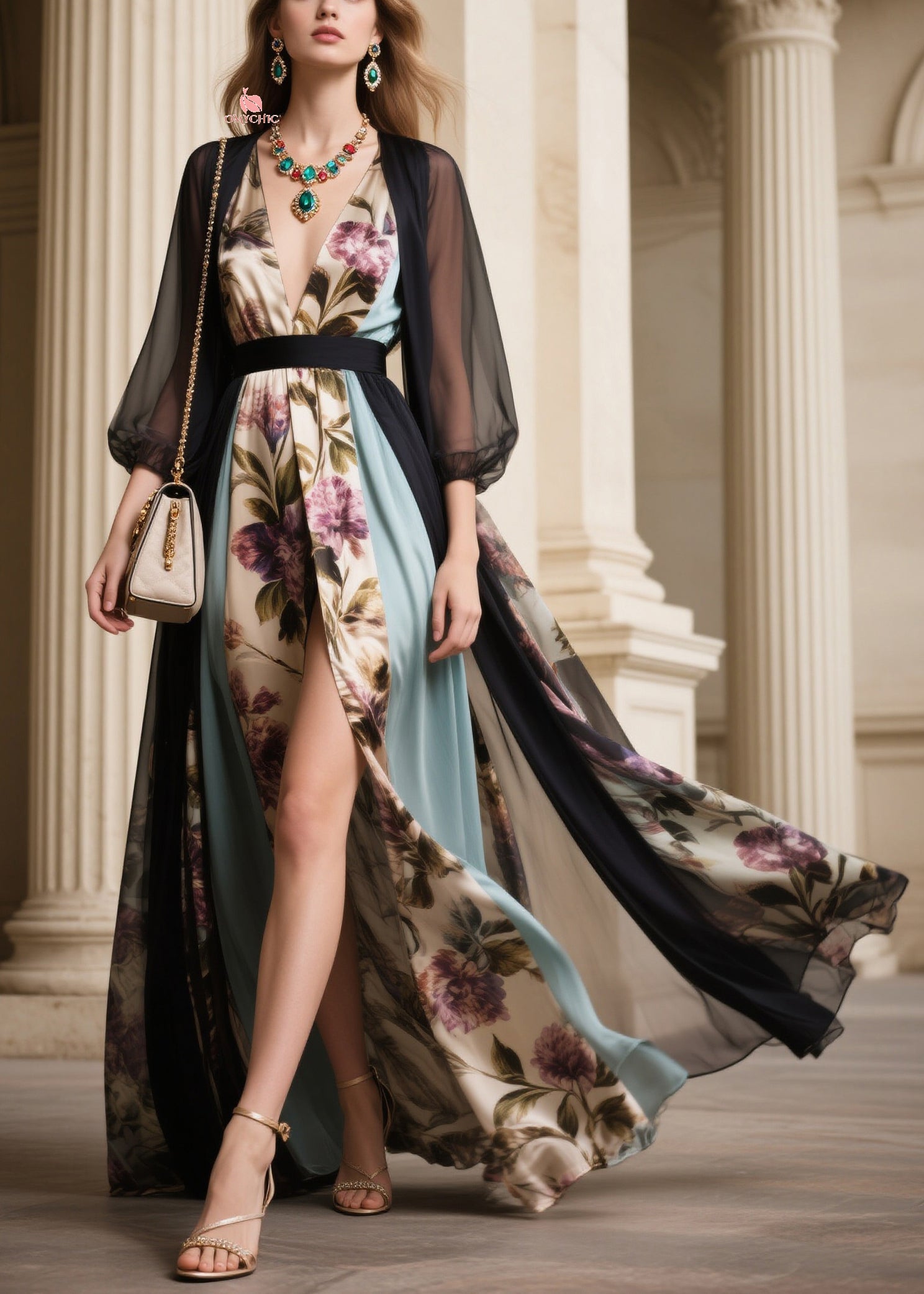 Floral Deep V-Neck Long Sleeve High Split Chiffon Maxi Dress