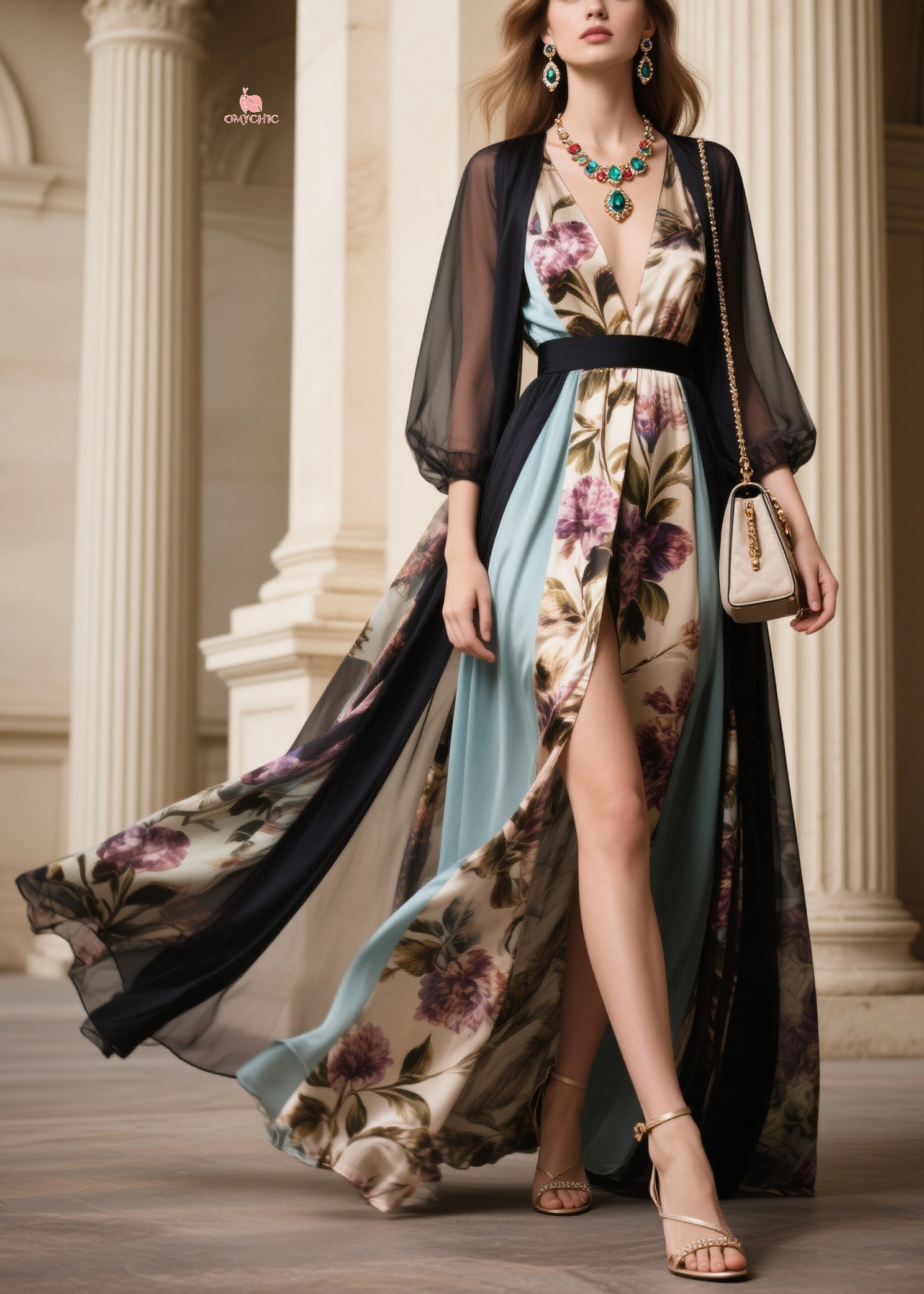 Floral Deep V-Neck Long Sleeve High Split Chiffon Maxi Dress