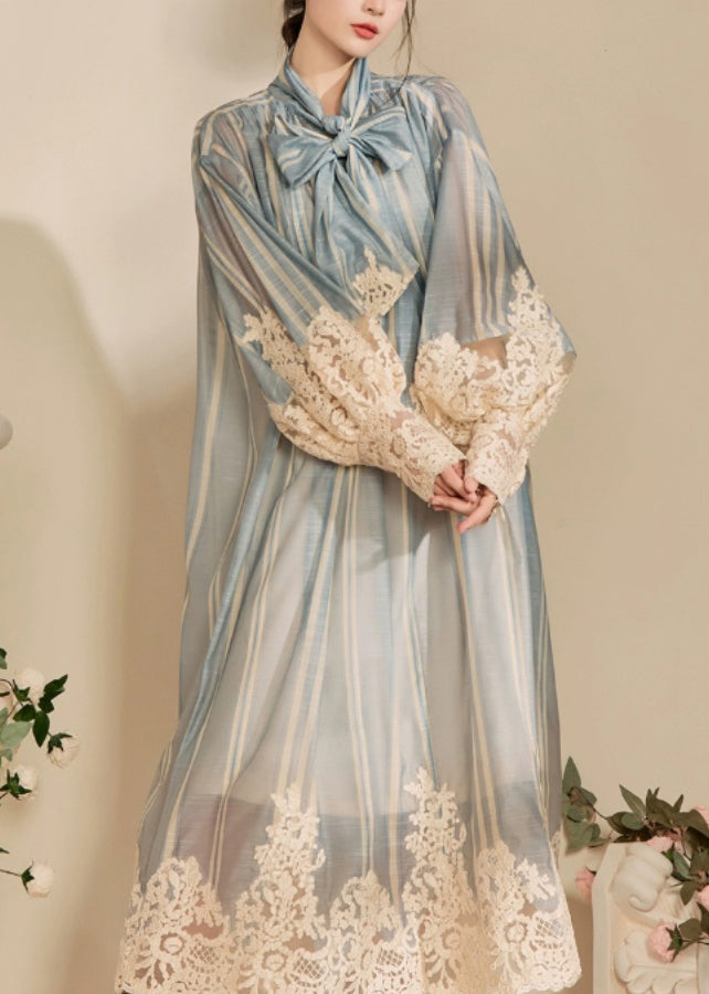 Striped Tie Neck Lace Trim Lantern Sleeve Sheer Loose Maxi Dress 2