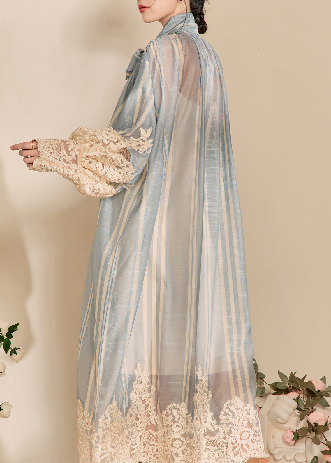 Striped Tie Neck Lace Trim Lantern Sleeve Sheer Loose Maxi Dress 4