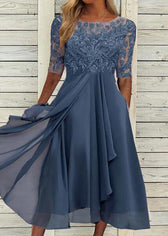 Modern Blue O Neck Ruffled Lace Patchwork Chiffon Dress Summer