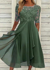 Modern Blue O Neck Ruffled Lace Patchwork Chiffon Dress Summer 2