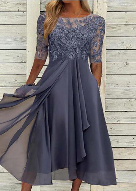 Modern Blue O Neck Ruffled Lace Patchwork Chiffon Dress Summer 3