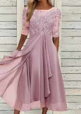 Modern Blue O Neck Ruffled Lace Patchwork Chiffon Dress Summer 5
