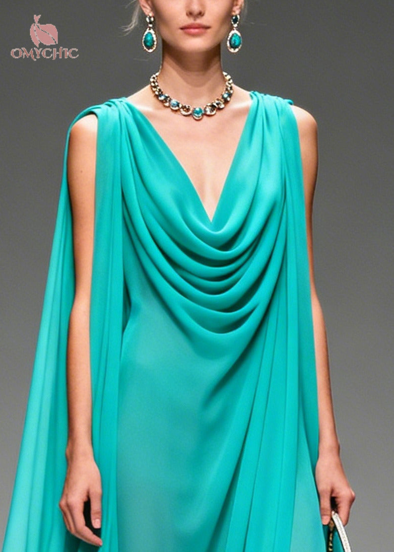 Cowl Neck Sleeveless Cape Overlay Scalloped Floral Hem Chiffon Maxi Gown