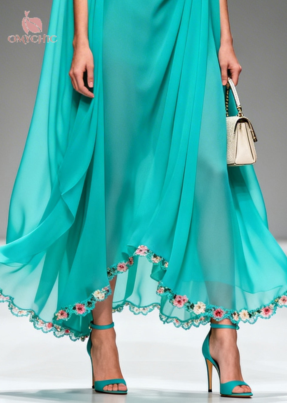 Cowl Neck Sleeveless Cape Overlay Scalloped Floral Hem Chiffon Maxi Gown